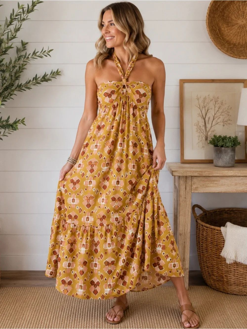 Aerie Halter Maxi Dress | Mustard Boho Print | NWT | Size Medium